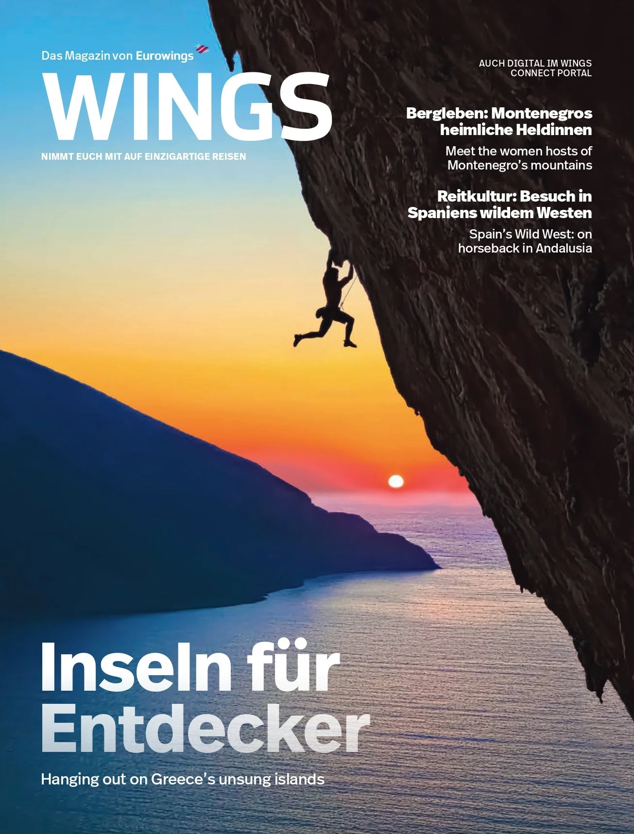 A silhouette of a rock climber ascending a steep cliff over a scenic sunset view of Greece's coastline with the sea and islands in the background, featured on a travel magazine cover.