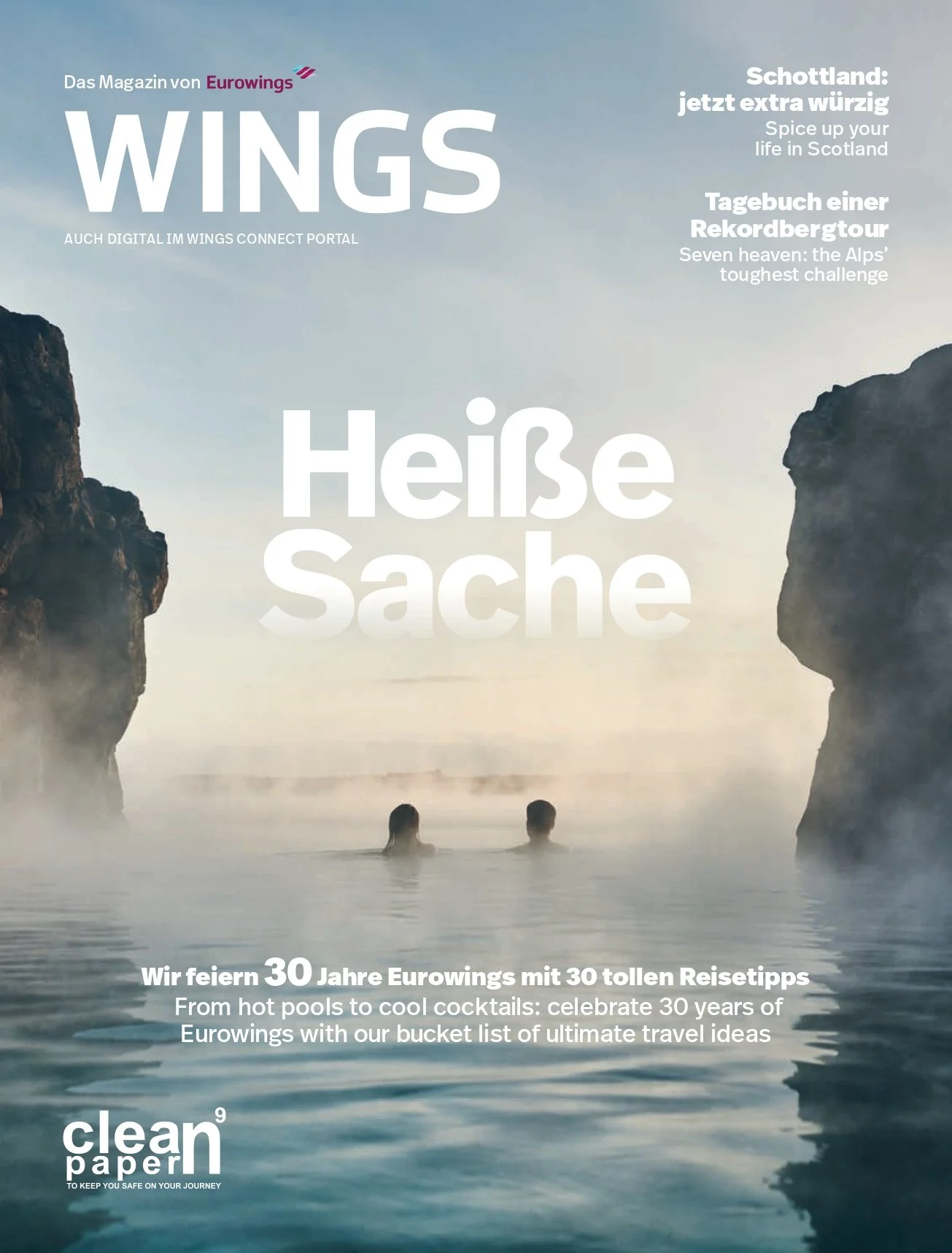 Cover of Eurowings WINGS magazine featuring a hot spring with two people swimming, surrounded by rocks, with the title 'Heiße Sache' and articles about Scotland, anniversary of Eurowings, and travel tips.
