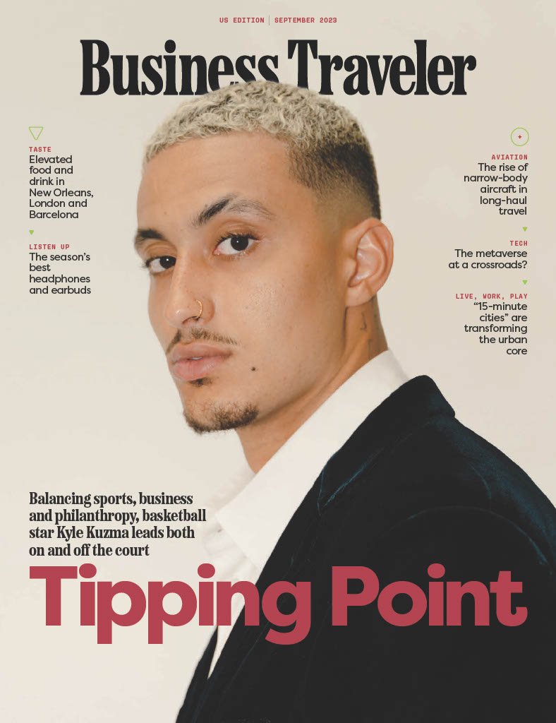 Cover of Business Traveler magazine, September 2023 issue, featuring Kyle Kuzma, a basketball star, on the cover. The cover includes headlines about food, travel, tech, and urban transformation topics.