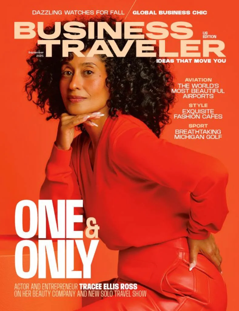 Cover of Business Traveler magazine featuring Tracee Ellis Ross in a red outfit, with headlines about watches, business, travel, aviation, style, and golf.