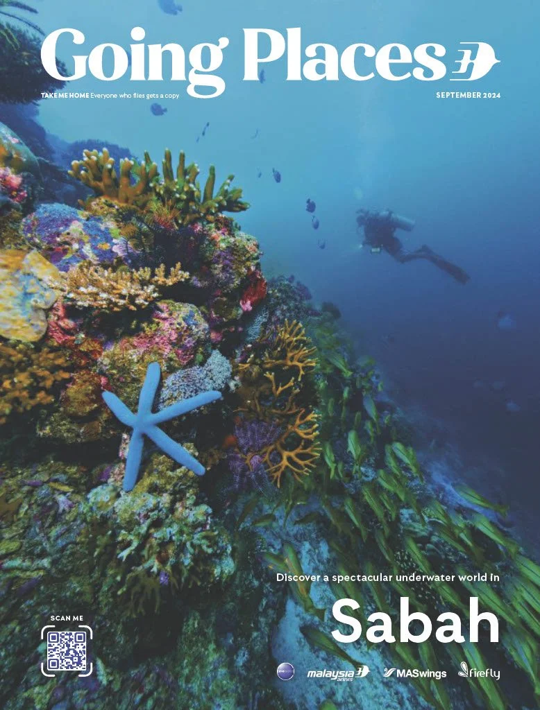Underwater coral reef in Sabah with a diver in the background and a starfish attached to the coral.