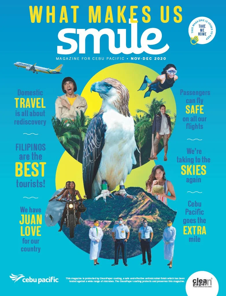 Cover of Cebu Pacific's magazine titled 'What Makes Us Smile' for Nov-Dec 2020, featuring a large eagle, people in travel and adventure outfits, an airplane, and tropical scenery.