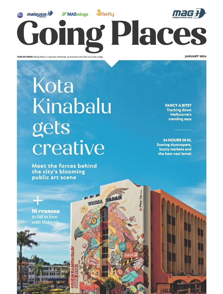 January 2024 cover of 'Going Places' magazine featuring Kota Kinabalu, with a colorful mural on a building under a blue sky.