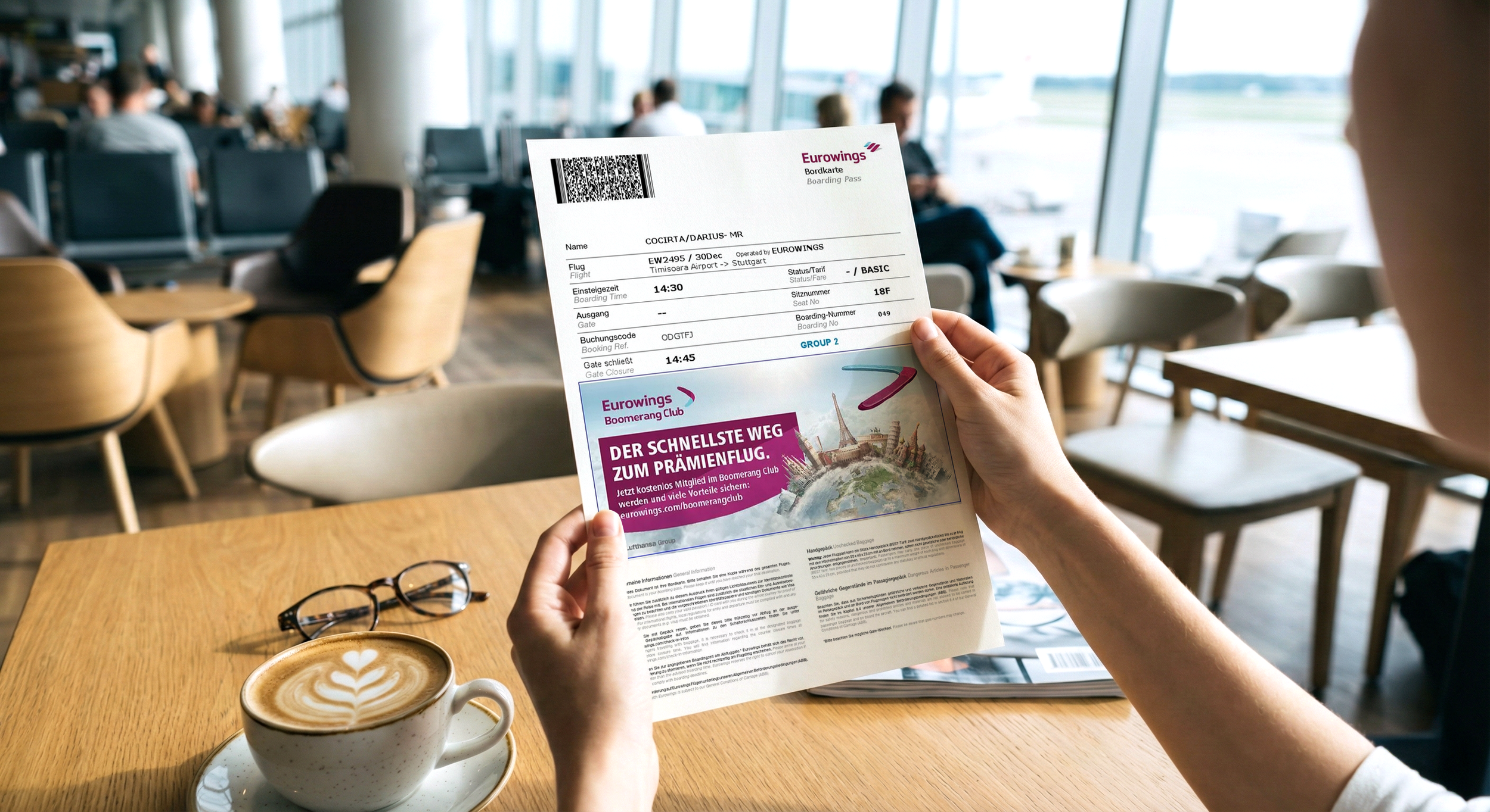 Person holding a boarding pass inside an airport lounge.