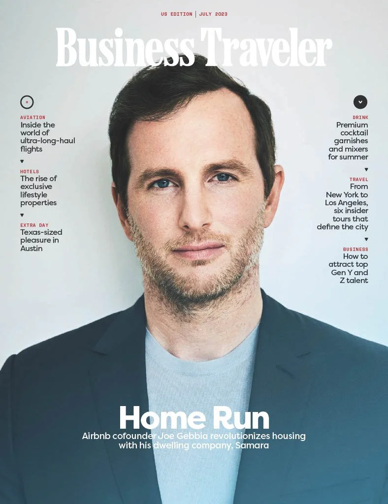 Cover of Business Traveler magazine, July 2023 issue featuring a portrait of Joe Gebbia, cofounder of Airbnb, with the headline 'Home Run' and a subheading about revolutionizing housing in Samara.