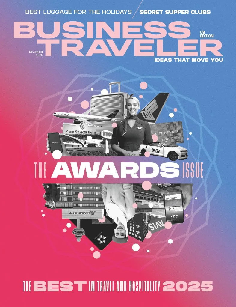 Cover of Business Traveler magazine, November 2025 issue, featuring images of a traveler with a cellphone, suitcase, airplane, hotel, luxury vehicle, and various travel-related icons, with vibrant pink and blue background.