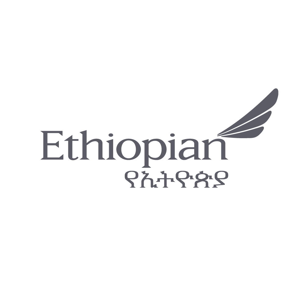 Logo with the word 'Ethiopian' in large font and Amharic script below it, featuring a stylized wing design.