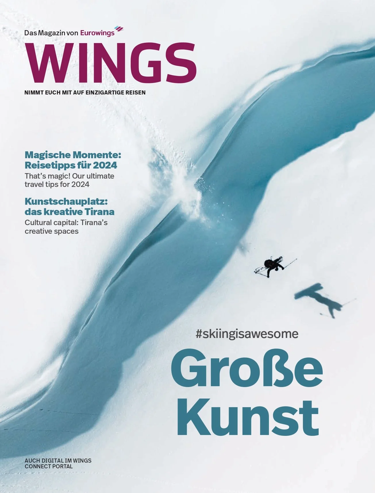 Magazine cover for WINGS, featuring a skier performing a jump on a snow-covered mountain with a large shadow. The cover includes texts in German and English about travel tips for 2024, Tirana's creative spaces, and the hashtag #skiingisawesome. The magazine is from Eurowings.