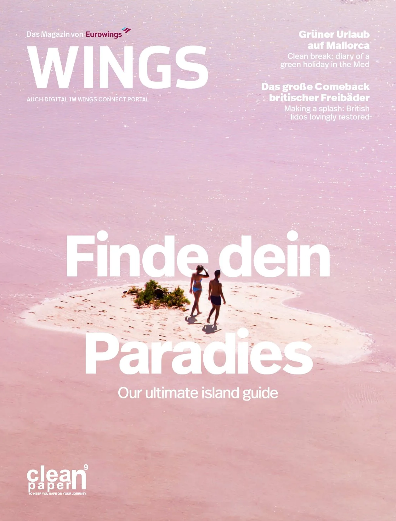 Magazine cover with a pink background featuring an island with two people walking and a small patch of greenery, titled 'Finde dein Paradies,' which translates to 'Find Your Paradise.'