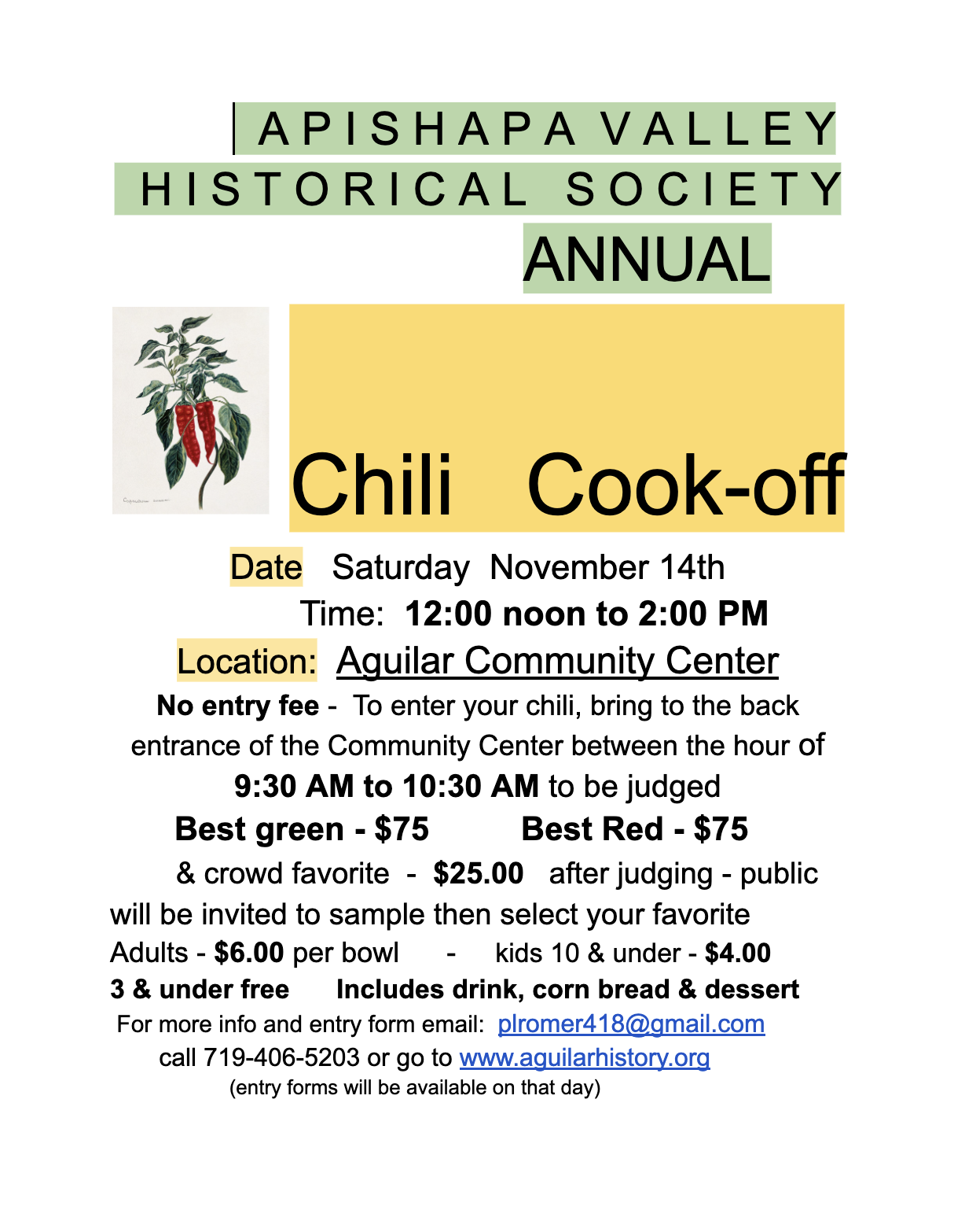 Apishapa Valley Historical Society Annual Chili Cook-off