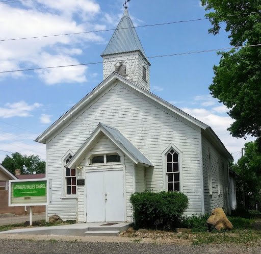 Apishapa Valley Chapel, Aguilar Colorado. White Chapel with blue roof