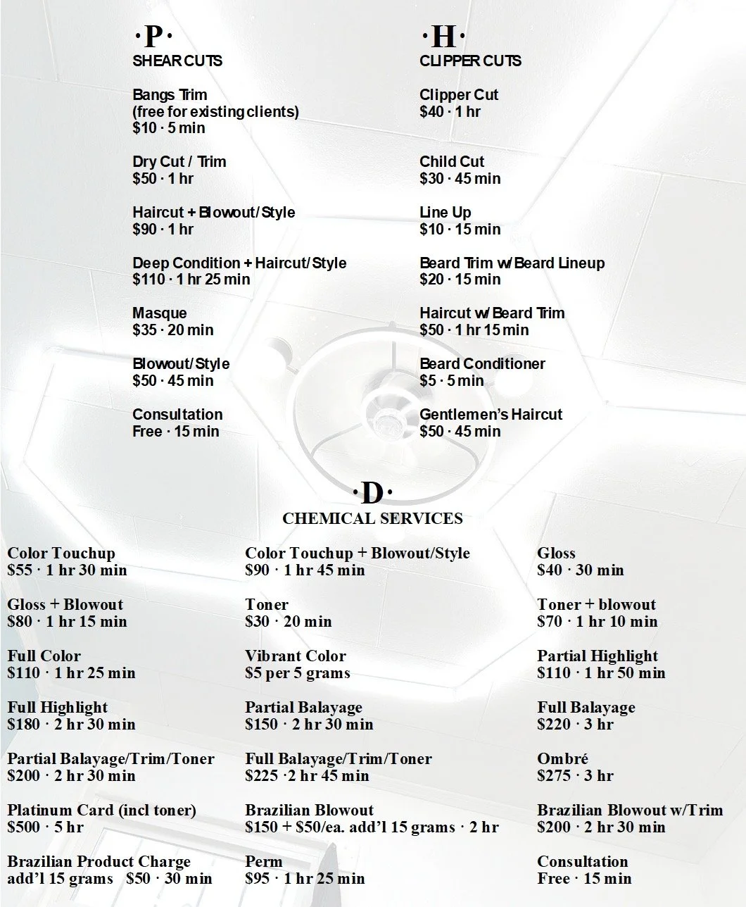Price list for hair cutting and chemical services at a salon, including options for shears, clipper cuts, coloring, highlights, balayage, and styling, with respective prices and time durations.