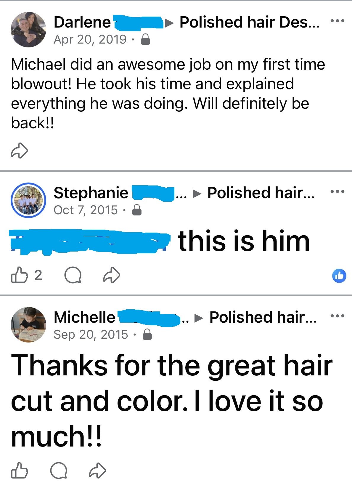 Screenshots of Facebook posts sharing positive reviews and photos about a hair cutting and coloring service, including a man and a boy.