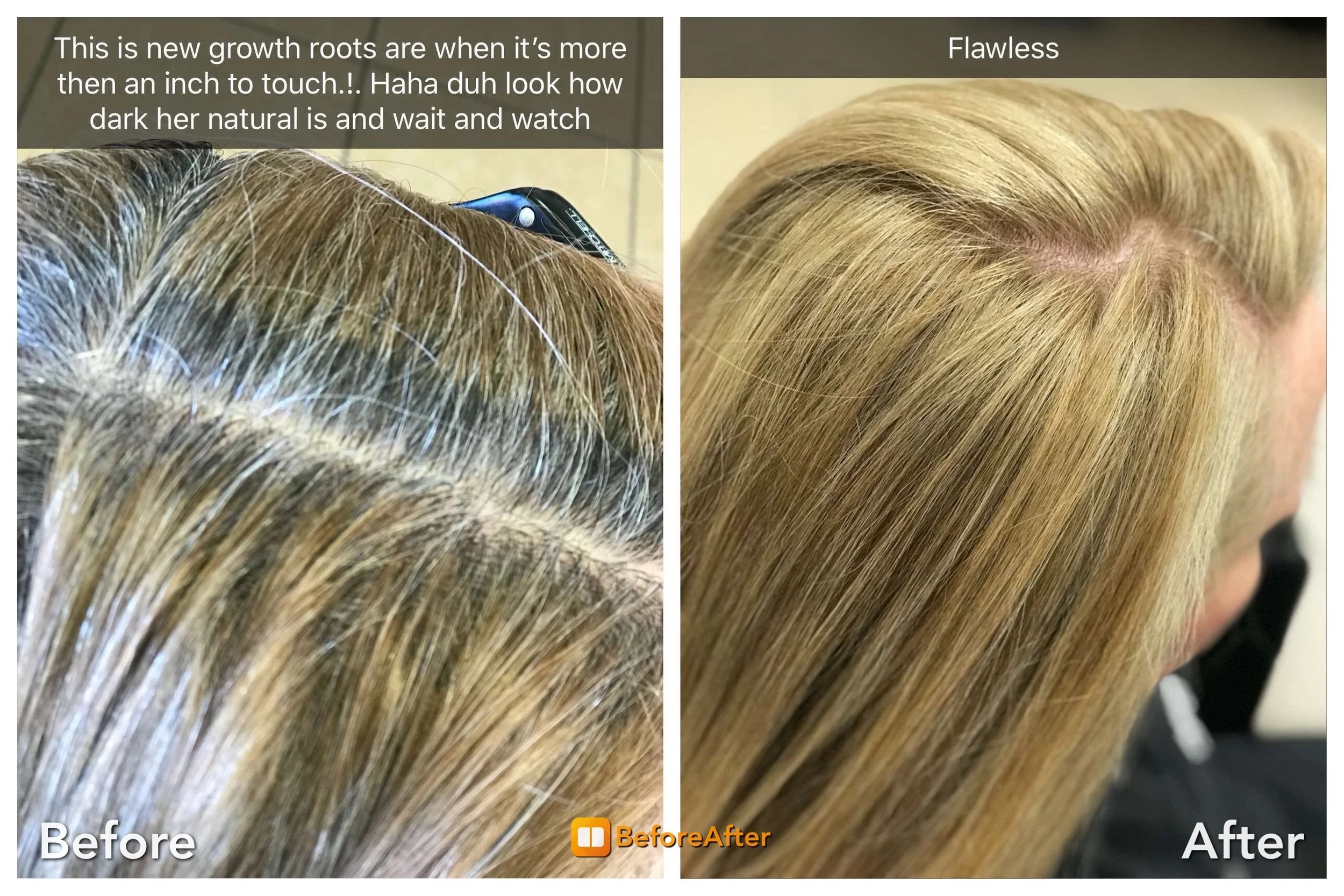 Before on the left new growth, and after image nice coverage of a color touch up in Albuquerque