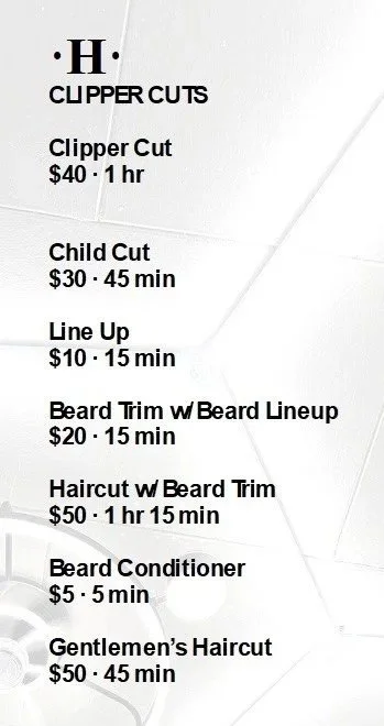 A hair salon price list showing services like clipper cuts, child cuts, line up, beard trim with beard lineup, haircut with beard trim, beard conditioner, and men's haircut, along with their prices and time durations.