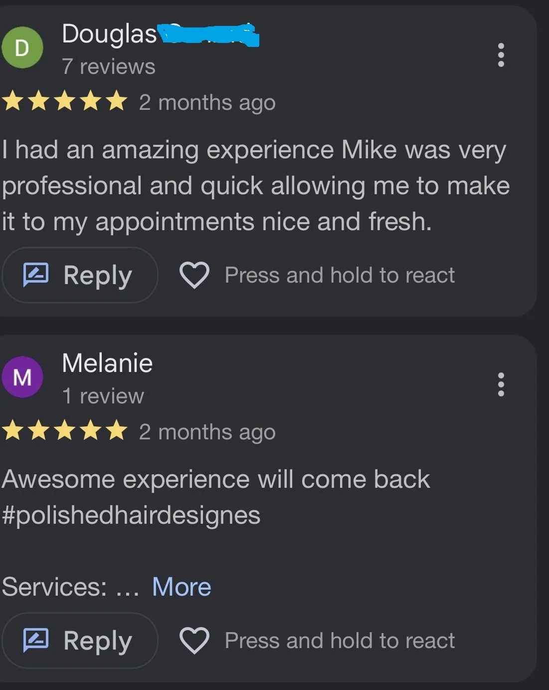 Doug and Melanie share a five-star review of their experience at Polished Hair Designs in Albuquerque, praising the quick, professional service and saying they will return.
