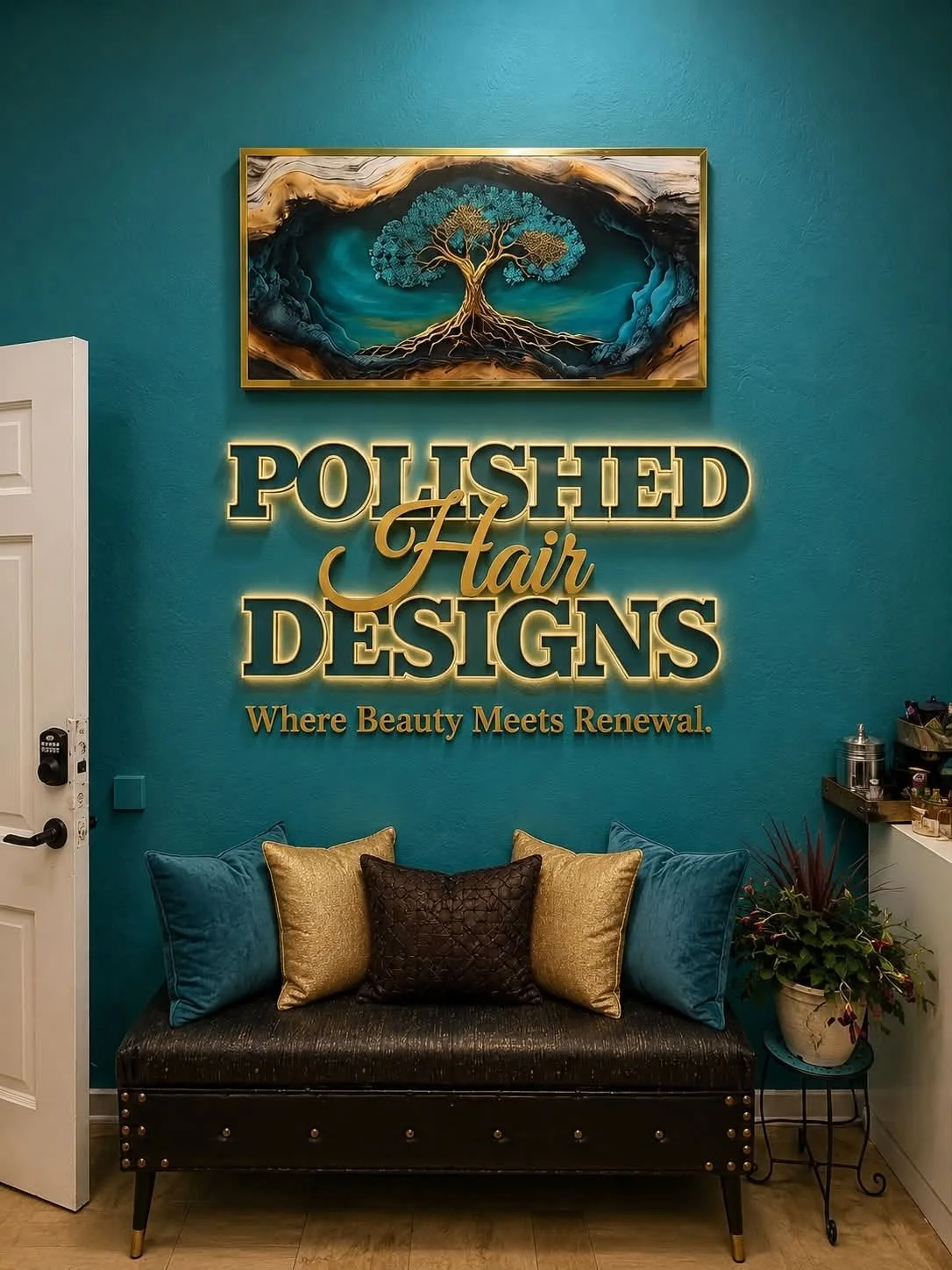 Tree of Life artwork displayed on the salon wall at Polished Hair Designs in Albuquerque, New Mexico, reflecting the salon’s beauty, renewal, and creative atmosphere.
