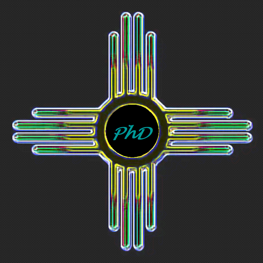 A neon-style graphic of a Zia symbol with a black circle in the center displaying the word 'PhD' in blue cursive text, set against a dark background.