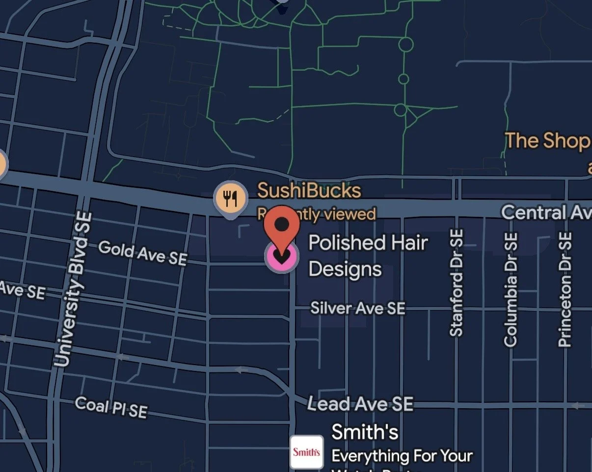 Map showing the location of Polished Hair Designs hair salon in Albuquerque, New Mexico