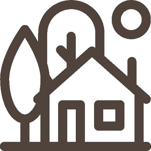 A house with a gabled roof, surrounded by trees and a sun in the sky.