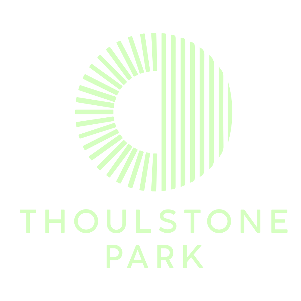 Logo for Thoulstone Park featuring a stylized circular design in light green and text beneath reading 'Thoulstone Park'.