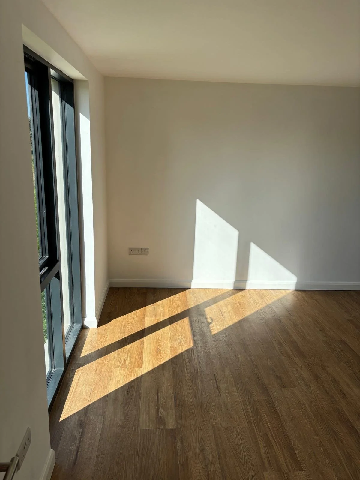 Empty room with white walls, wooden flooring, and large window letting in sunlight, casting shadows on the floor.