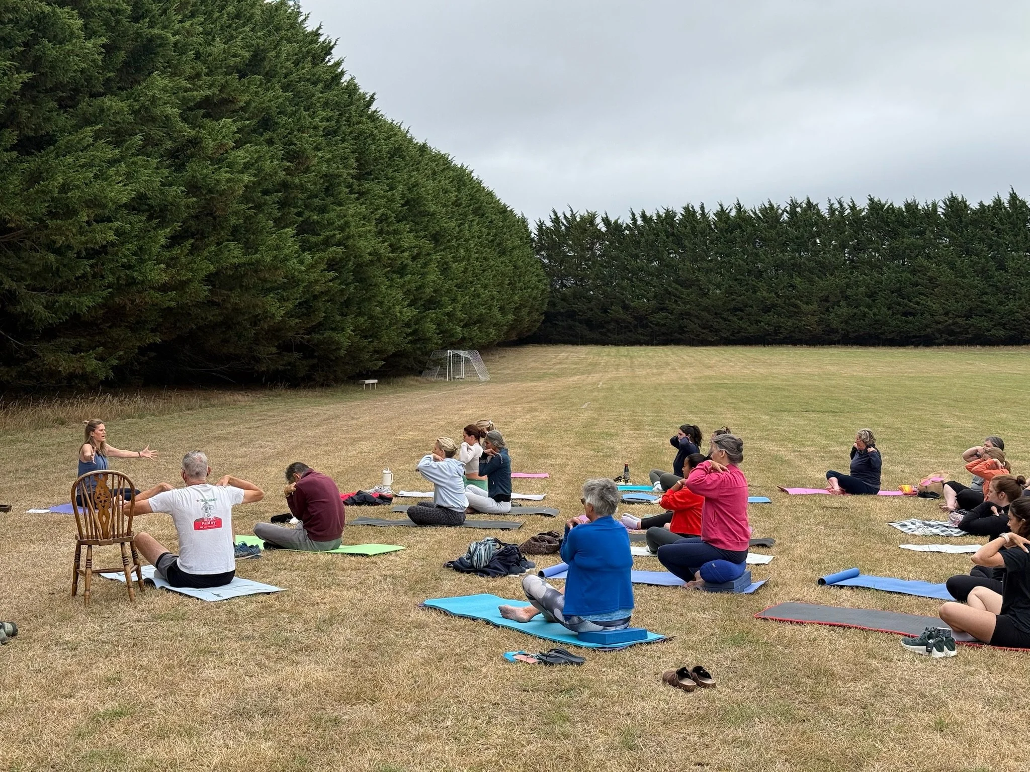 People practicing yoga outdoors on a grassy field, with trees lining the background on an overcast day.