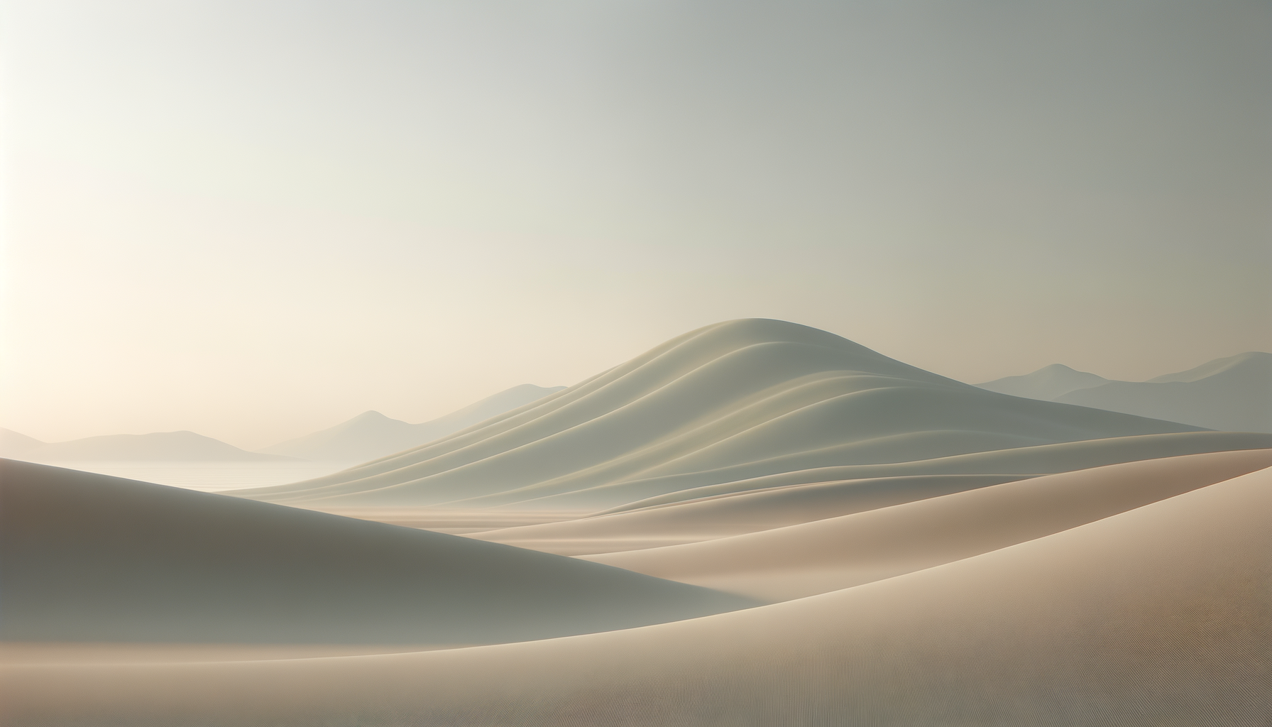 Minimalist digital illustration of sand dunes in a desert landscape with a soft light and mountains in the background.