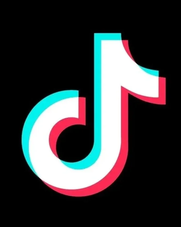 TikTok logo with neon blue and pink outline on a black background.