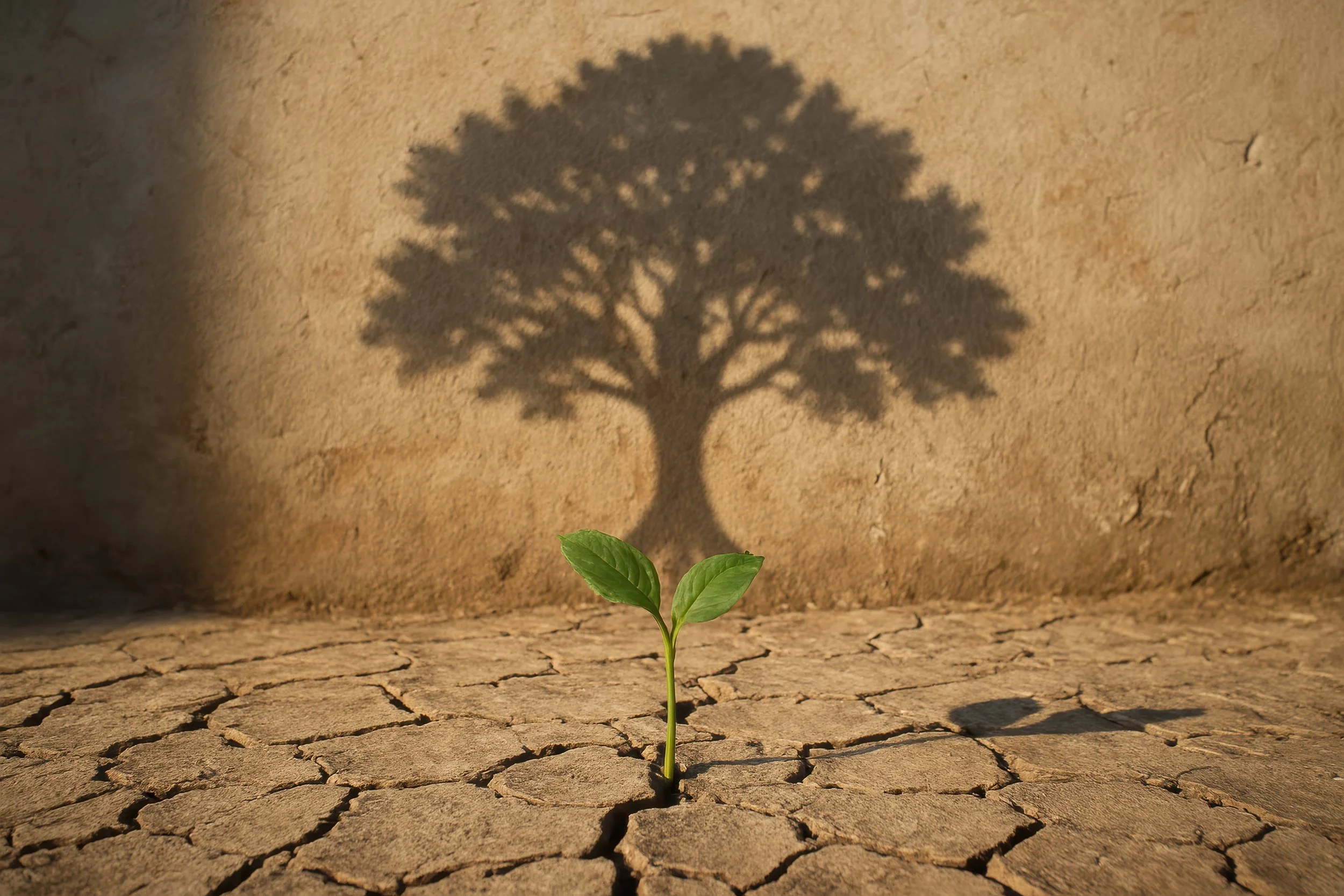 A small green plant growing through cracked dry ground, casting a shadow of a large tree on a wall behind it.