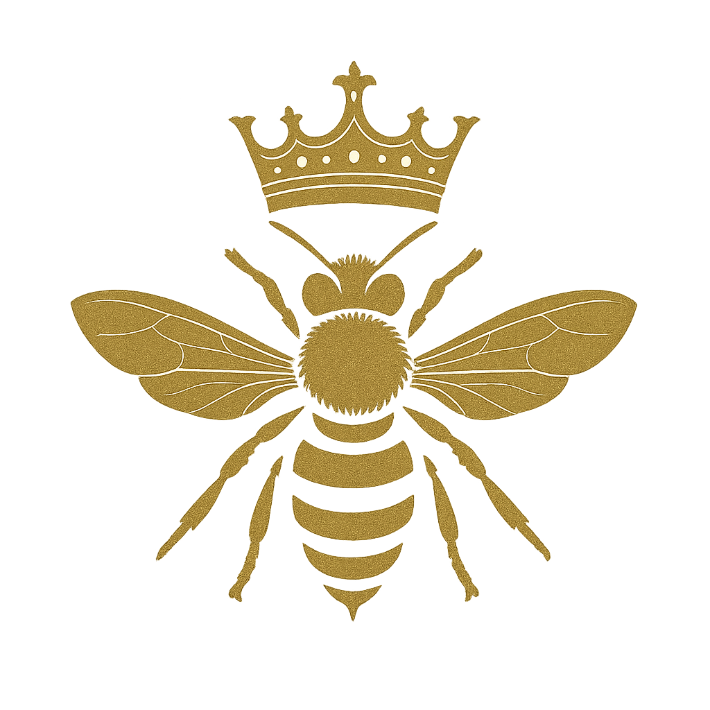 Gold bee with detailed wings wearing a crown on a black background.