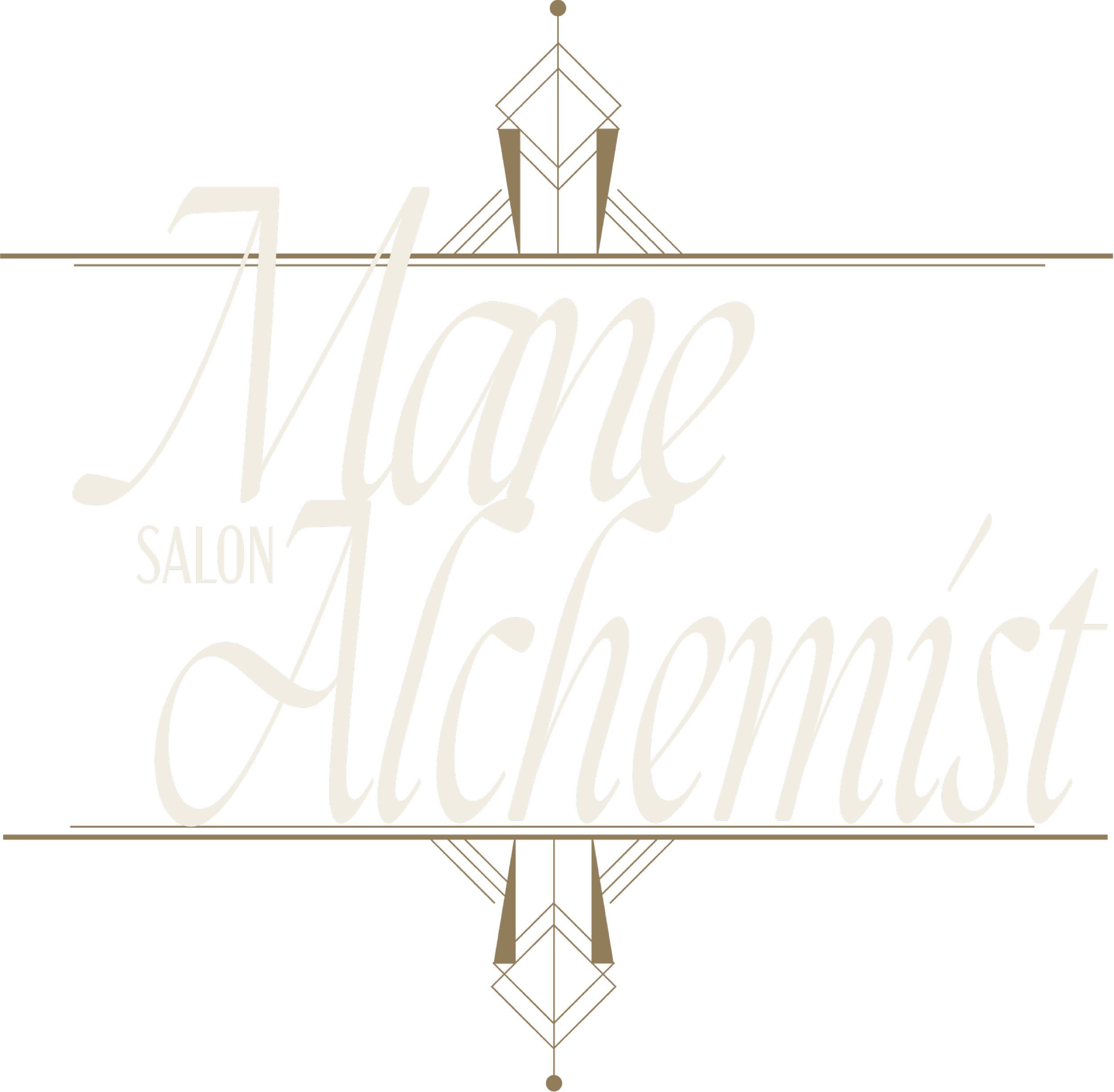 Elegant salon logo with ornate font and geometric decorative elements in black, white, and beige colors.