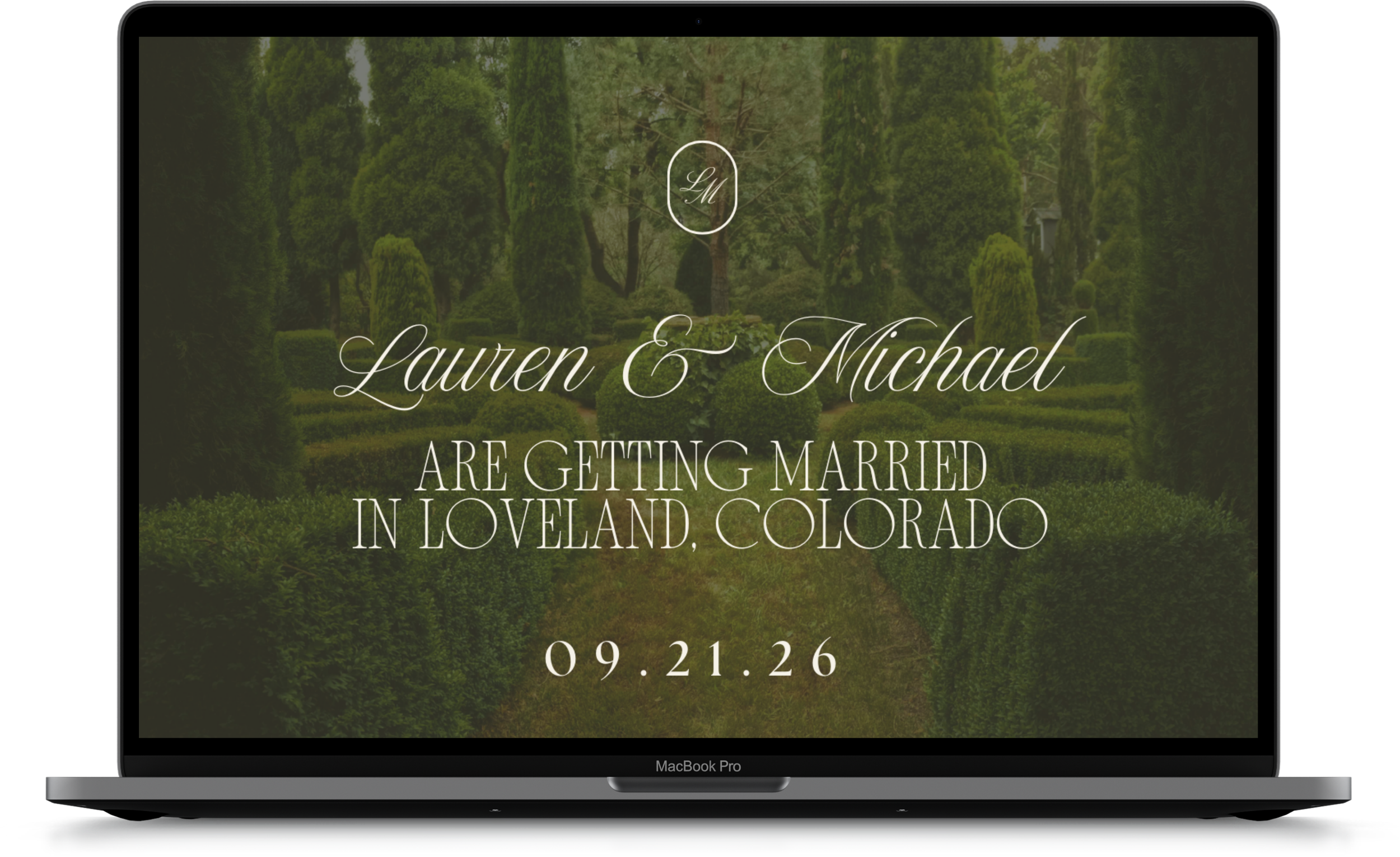 Digital wedding invitation with a green garden background, featuring the names Lauren and Michael, the wedding date September 21, 2026, and location Loveland, Colorado.