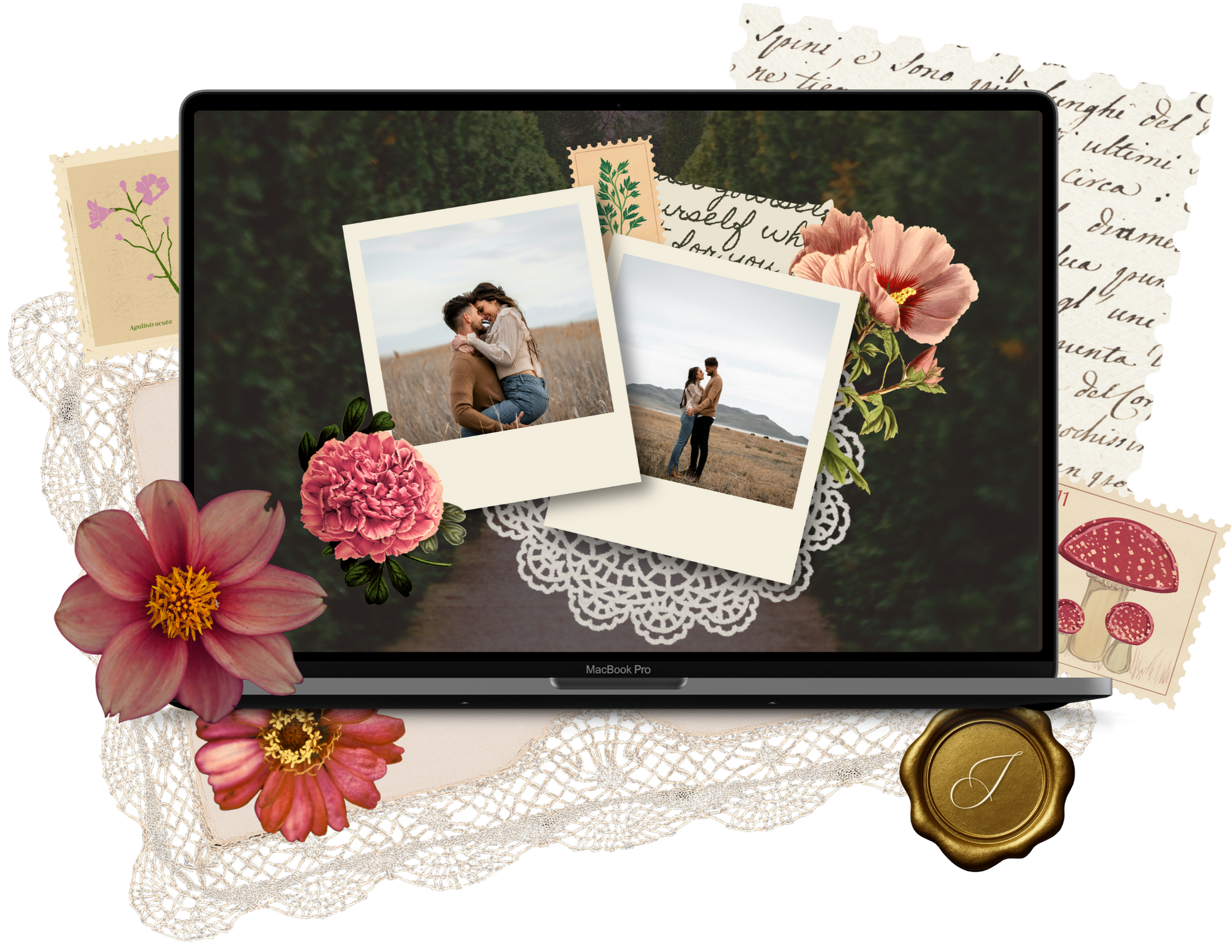 Computer screen with two Polaroid photos of a couple in a field, surrounded by pink flowers, lace doilies, handwritten pages, and a gold wax seal with the letter 'J'.