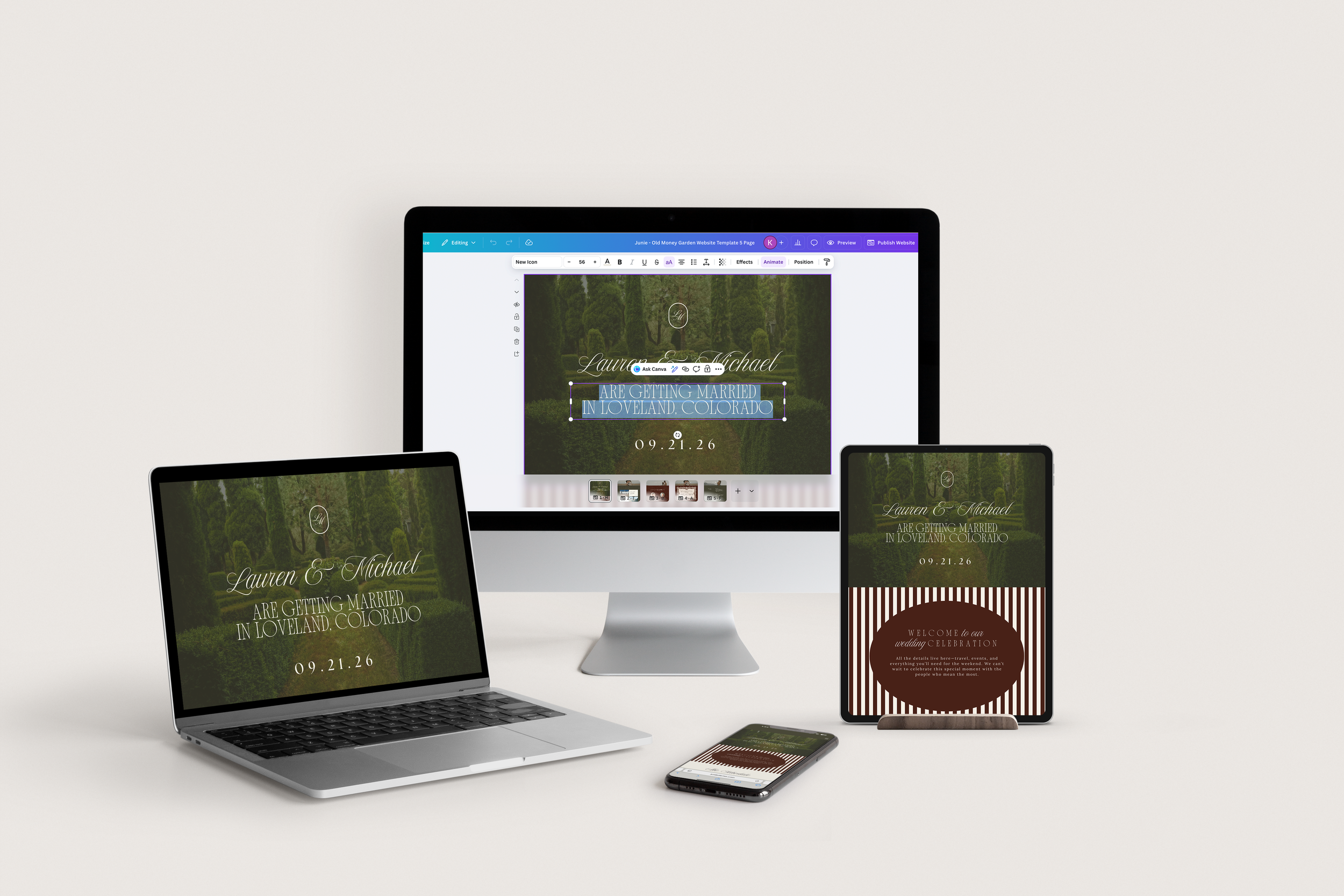 Multiple electronic devices displaying wedding invitation designs, including a large desktop monitor, a laptop, a tablet, and a smartphone, with the invitations featuring greenery backgrounds and elegant text.