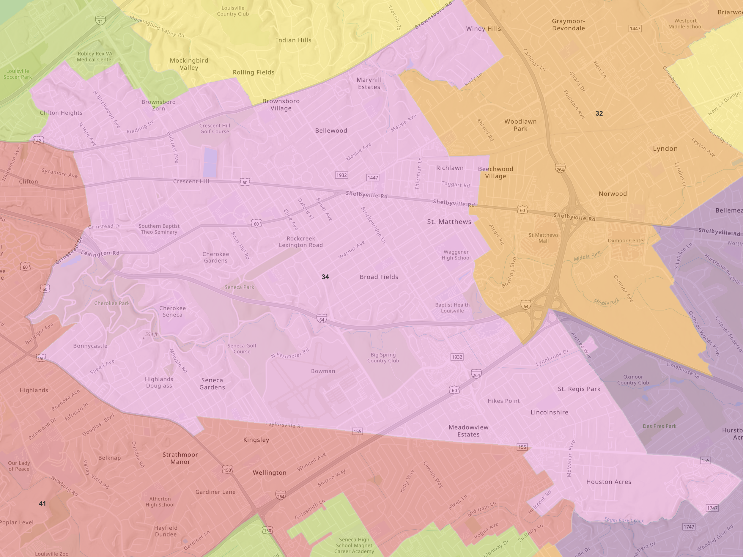 A colorful map of Louisville, Kentucky, showing different neighborhoods and districts in various colors.