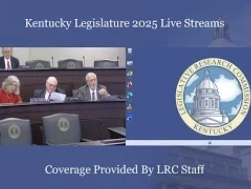 Screenshot of a presentation slide titled 'Kentucky Legislature 2025 Live Streams,' showing a panel of four individuals at a desk and the Kentucky Legislature seal on a blue background.