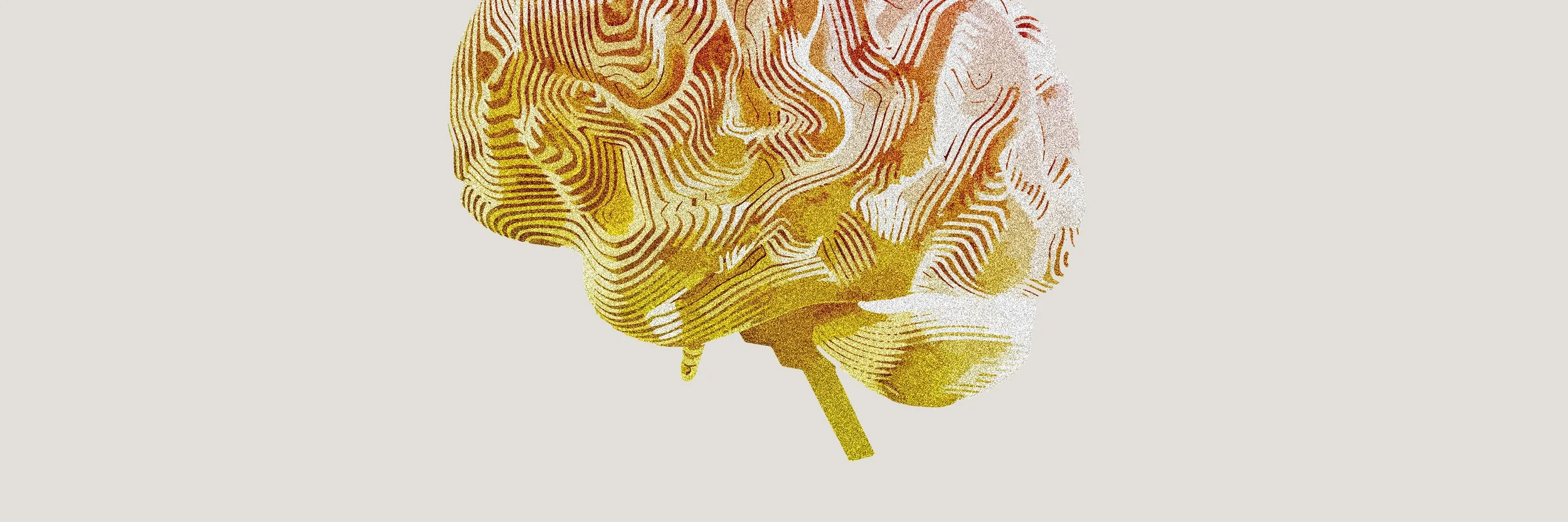 Stylized illustration of a human brain with swirling, colorful lines on a light background.
