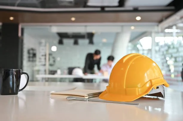 Yellow construction helmet, notebook, and black coffee mug on a table in an office with people working in the background.