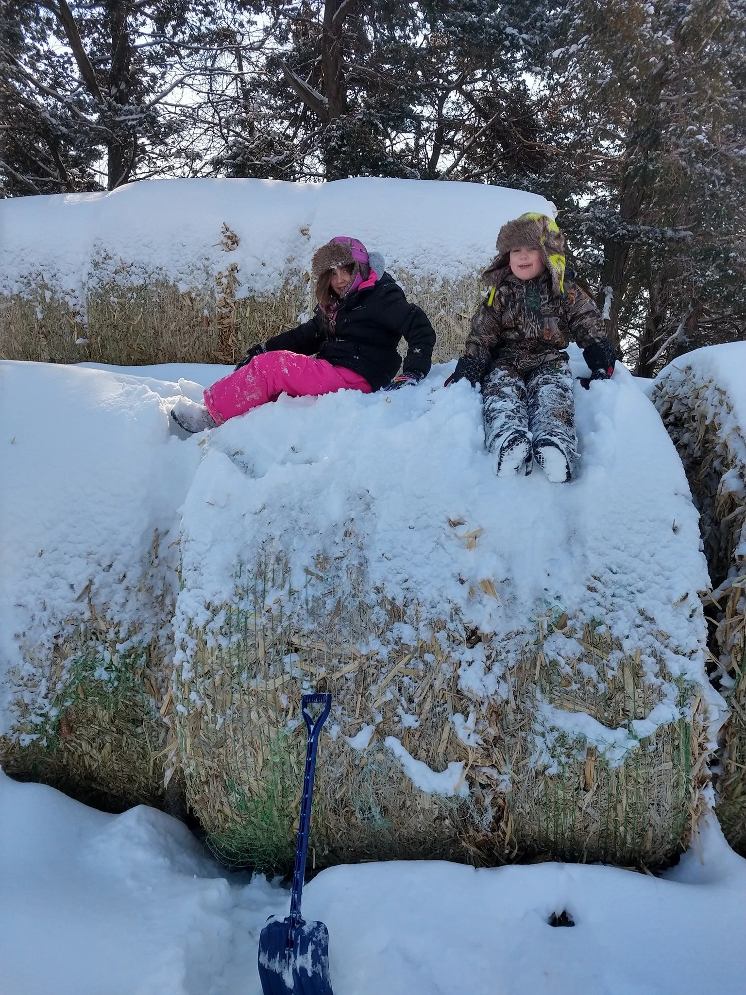 Two children sitting on top of a large hay bale, covered with snow, in a winter outdoor setting with trees in the background, and a blue snow shovel in front.