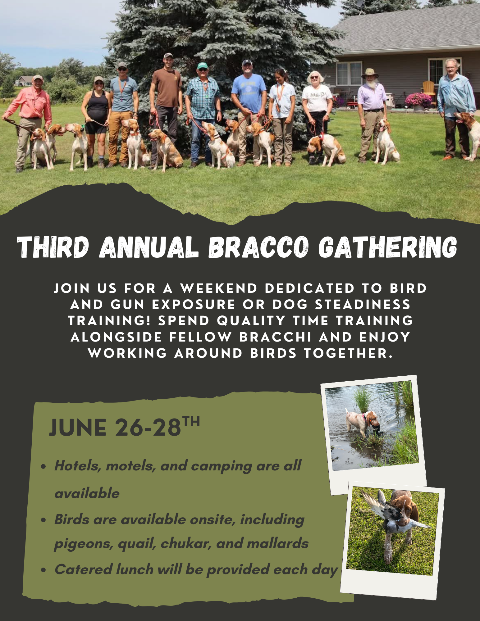 Group photo of people with dogs in front of a large tree, with a house and lawn in the background, promoting the Third Annual Bracco Gathering event.