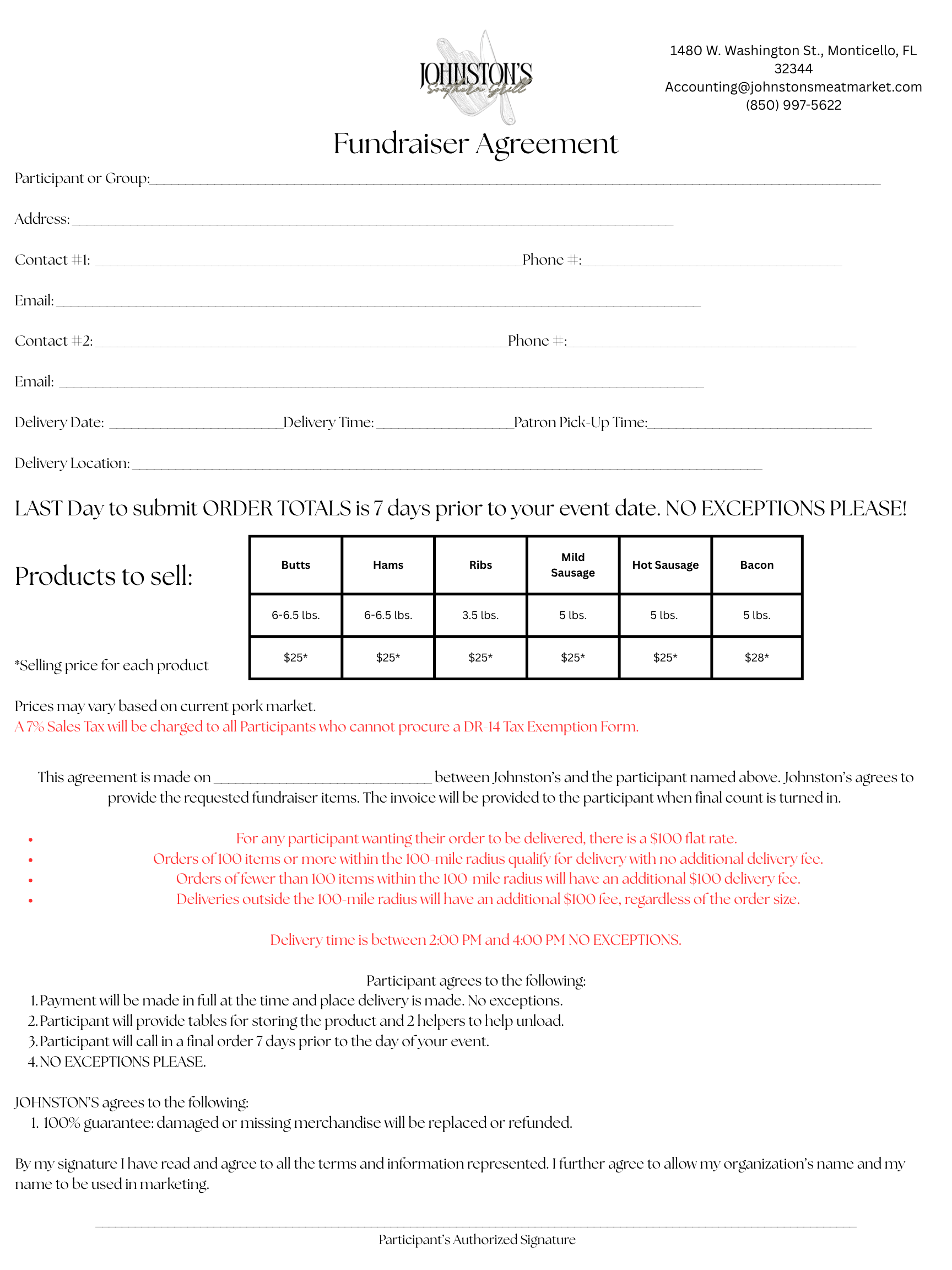 Fundraiser agreement form from Johnston's Smokehouse Market, including fields for participant information, product details, and terms and conditions, with a logo at the top displaying the name 'Johnston's' and a graphic of a cleaver.