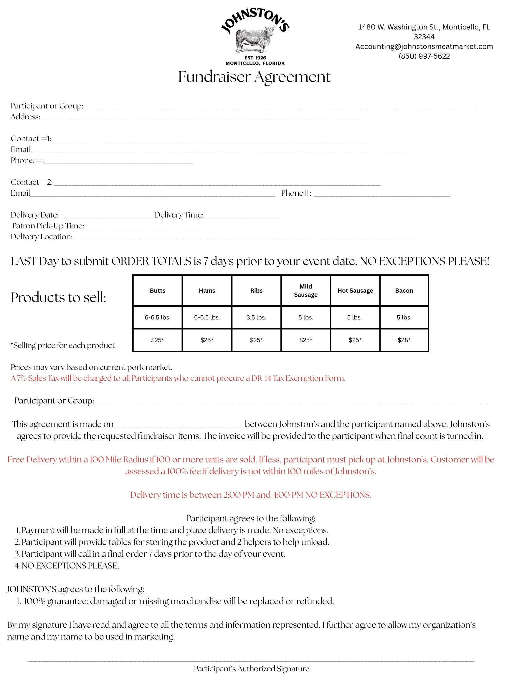 Fundraiser Agreement document from Johnston's, a meat market established in 1926 in Monticello, Florida, with fields for participant information and product details including meats and prices, and terms and conditions for the fundraiser.
