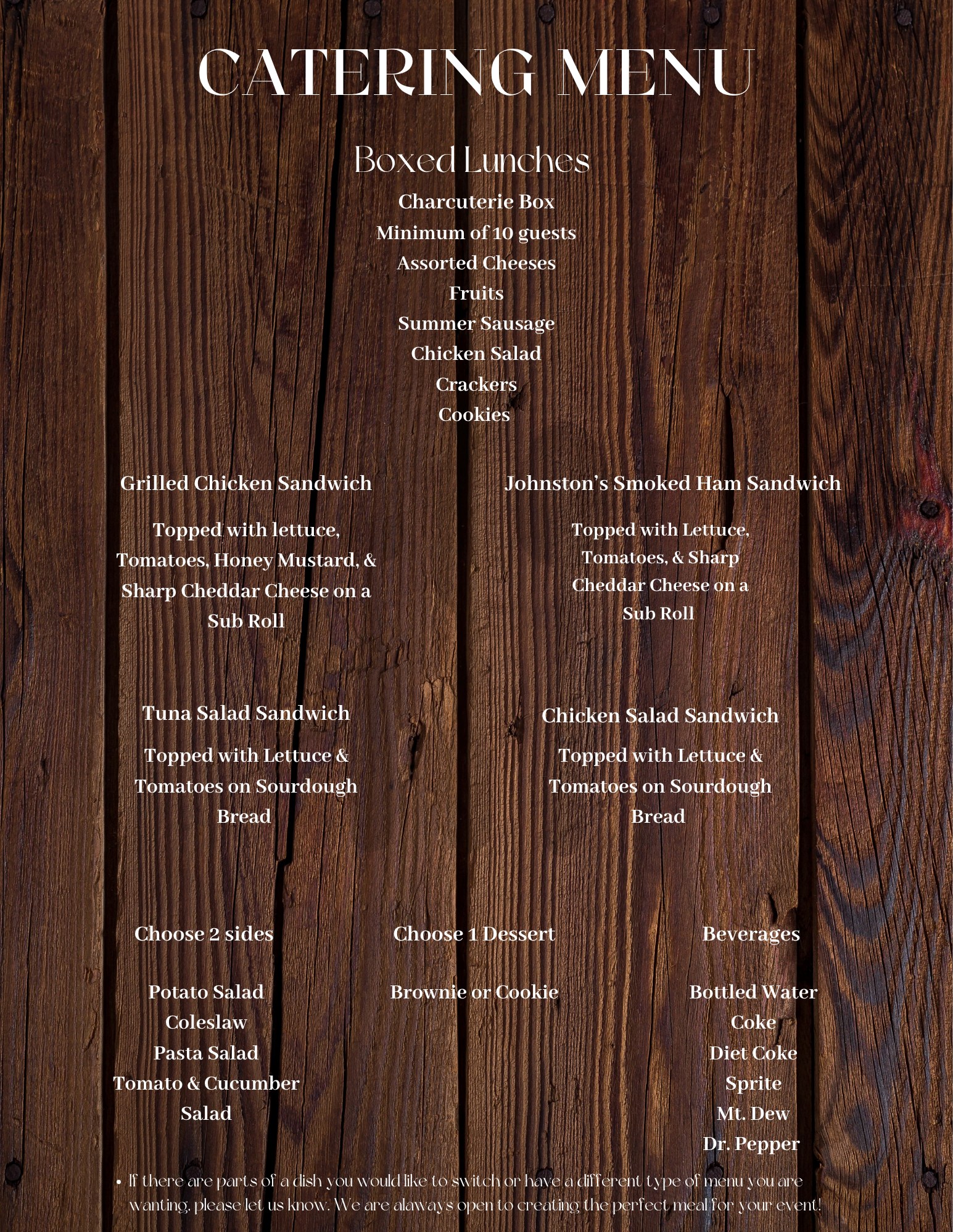 A catering menu on a wooden background listing boxed lunches, sides, desserts, beverages, and notes for custom orders.
