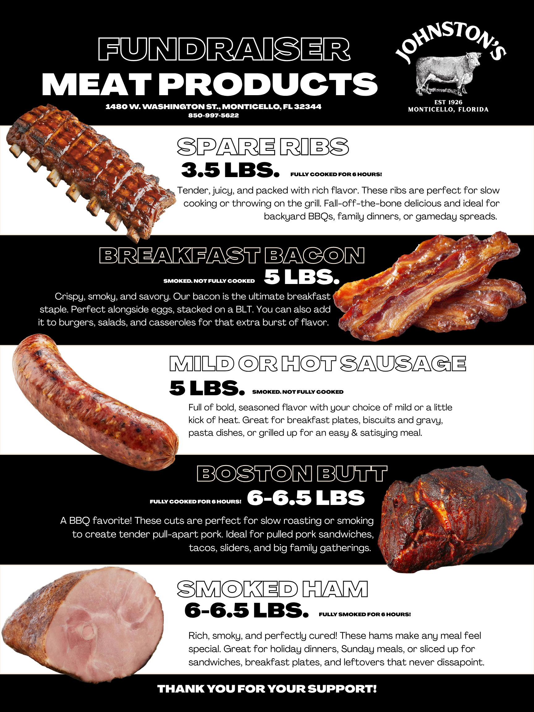 A flyer advertising meat products from Johnston's Fundraising. The flyer features images of various meats including ribs, bacon, smoked sausage, and smoked ham, each with descriptions, weights, and cooking information.