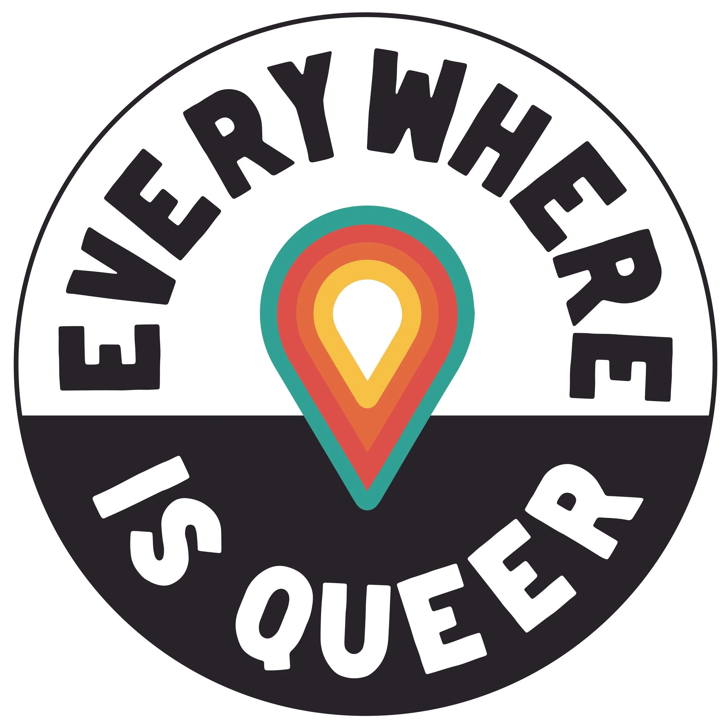 badge icon with map pin in the middle, text around the pin reads "everywhere is queer"