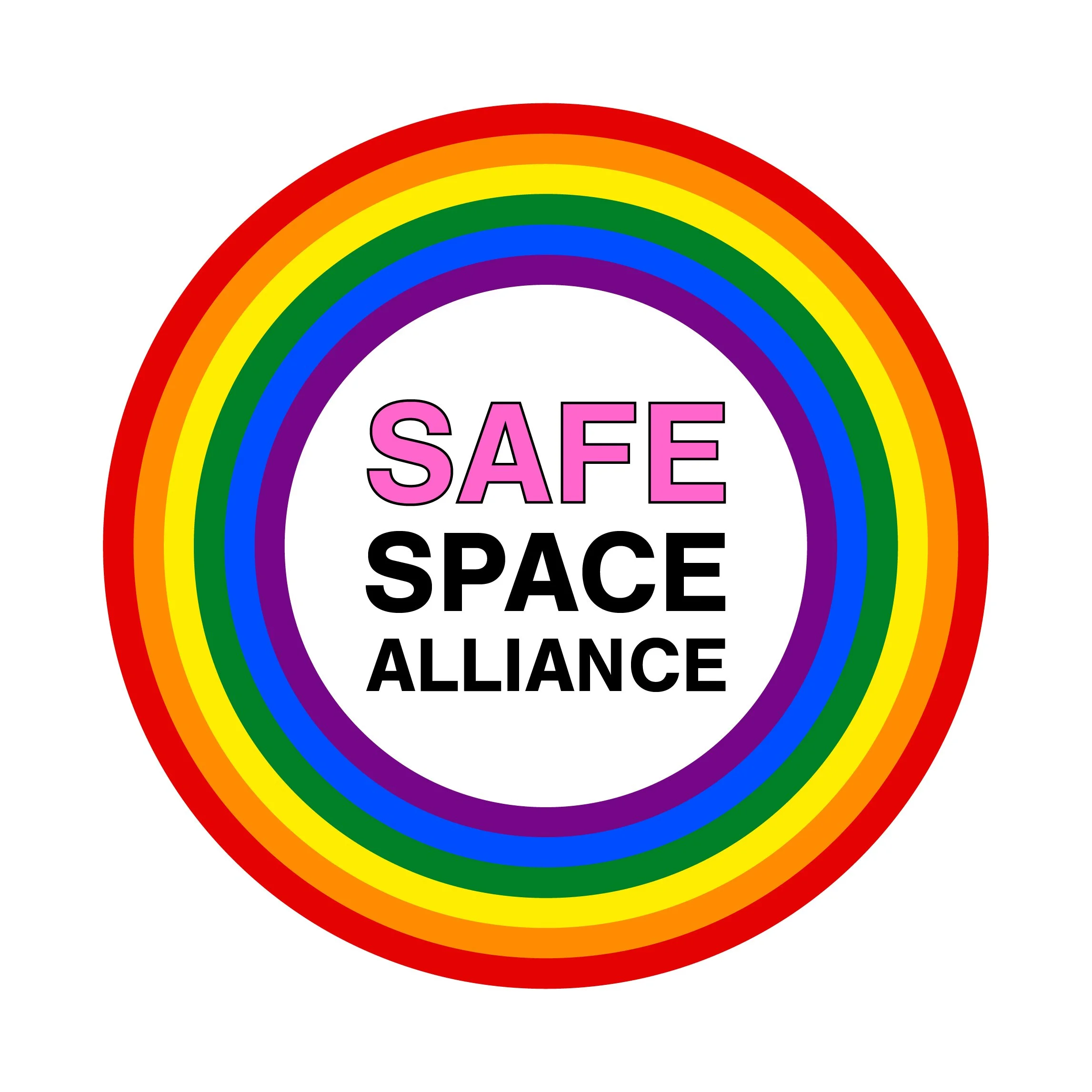 rainbow circle icon with the text "safe space alliance" in the middle