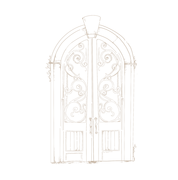 Ornate wrought iron double door with intricate swirling patterns, arched top, and decorative panels.