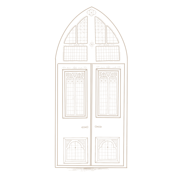 Illustration of a detailed arched church window with decorative patterns and stained glass design.