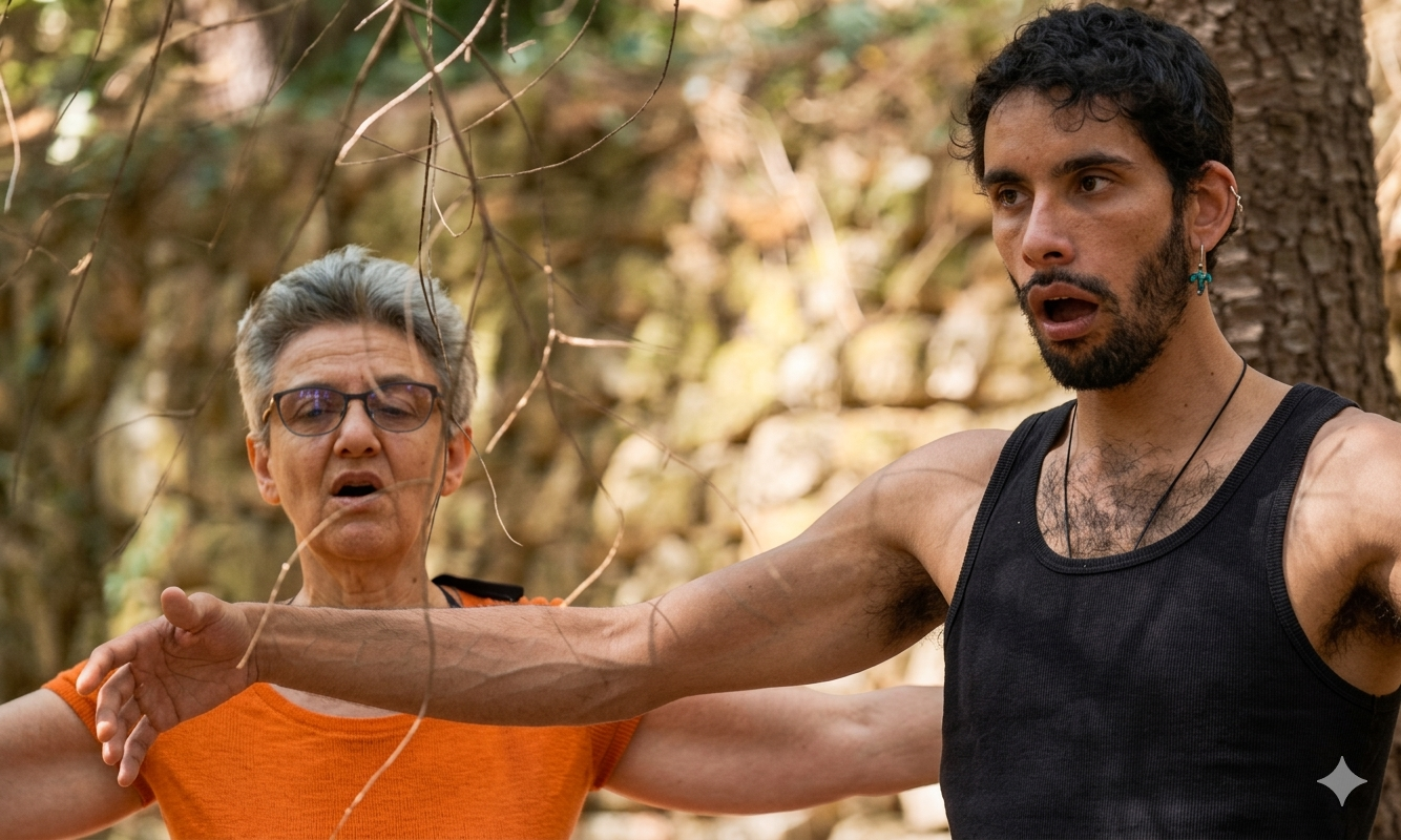 Participants in a voice workshop in Malérargues singing: a young man with dark curly hair, a beard, and earrings, wearing a black tank top, has his arms extended outward and an older woman with short gray hair, glasses, and wearing an orange shirt,